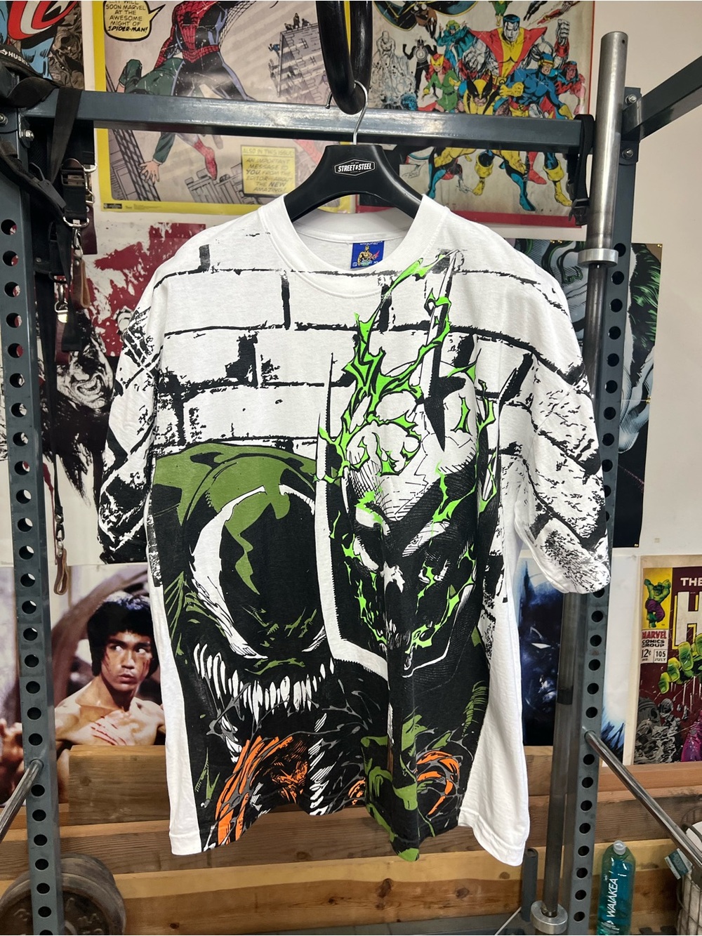 Vintage White Graphic Tee with Black and Neon Green Comic Print